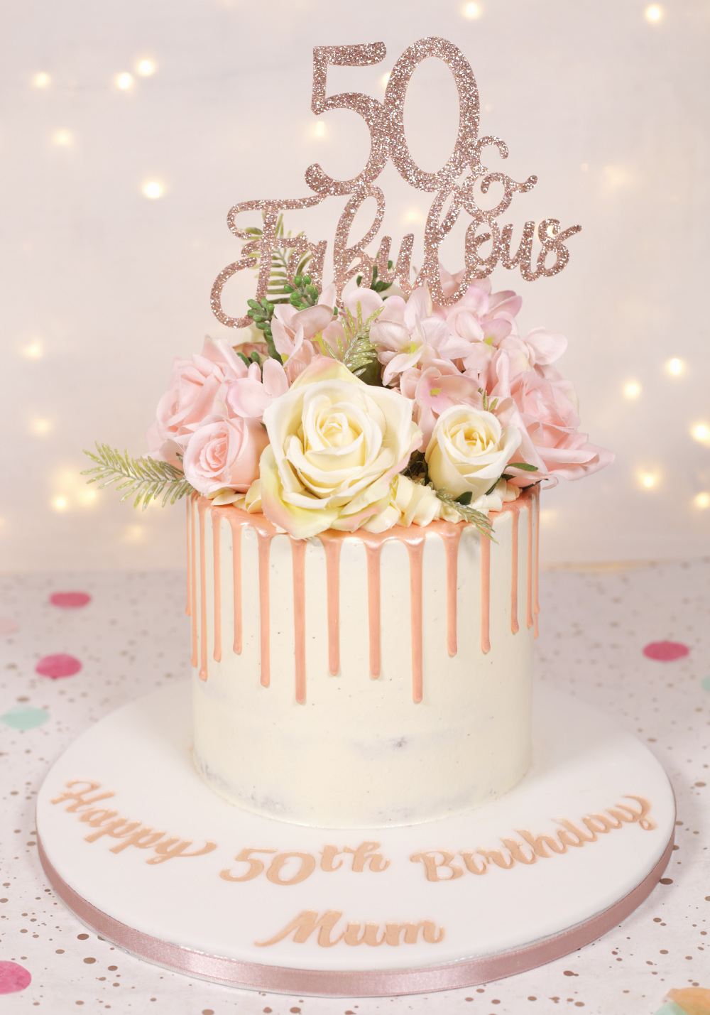 Rose Gold Floral Drip Cake - Cakey Goodness